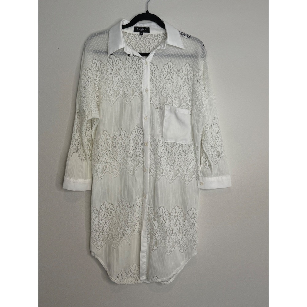 Beulah Women's White Lace Panel Tunic Button Down Shirt Dress Medium